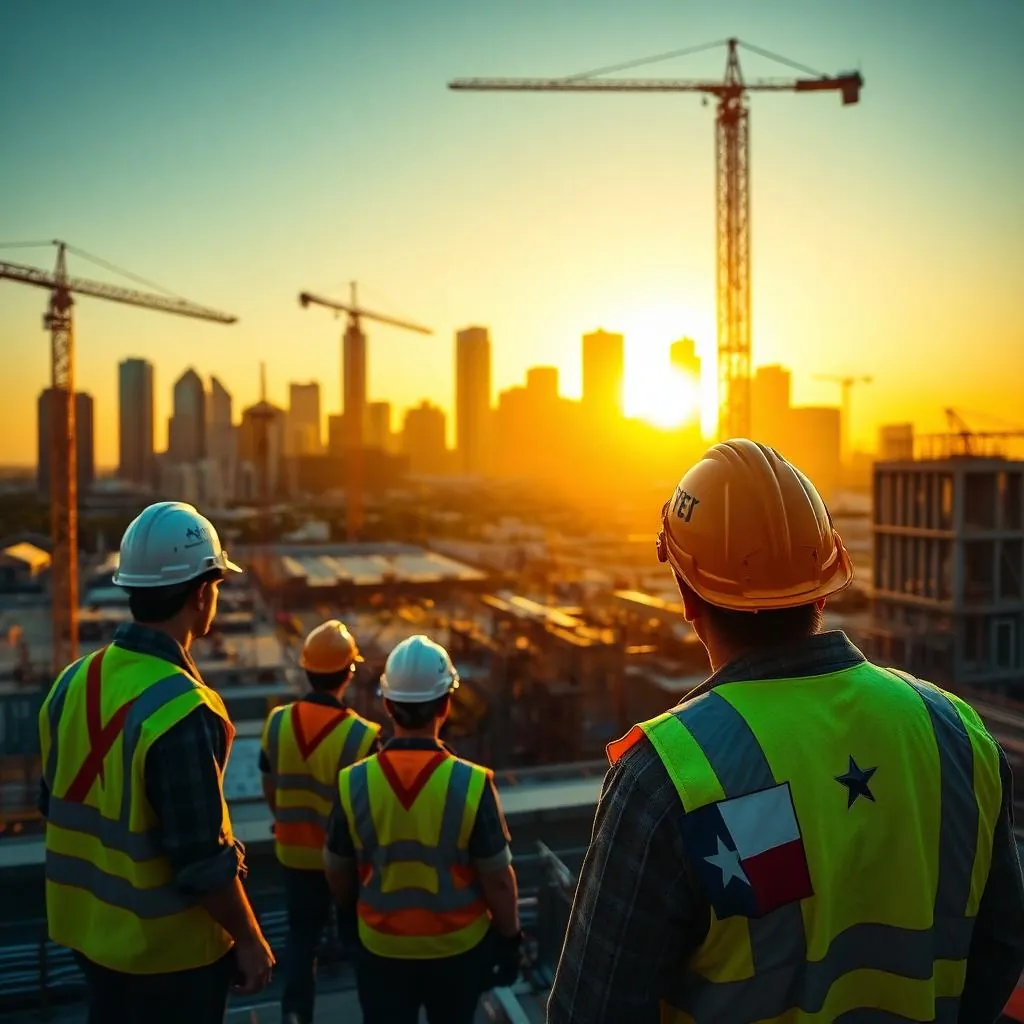 Construction workers in hard hats and high-vis vests on a Texas job site at golden hour with a downtown skyline and tower cranes in the background
