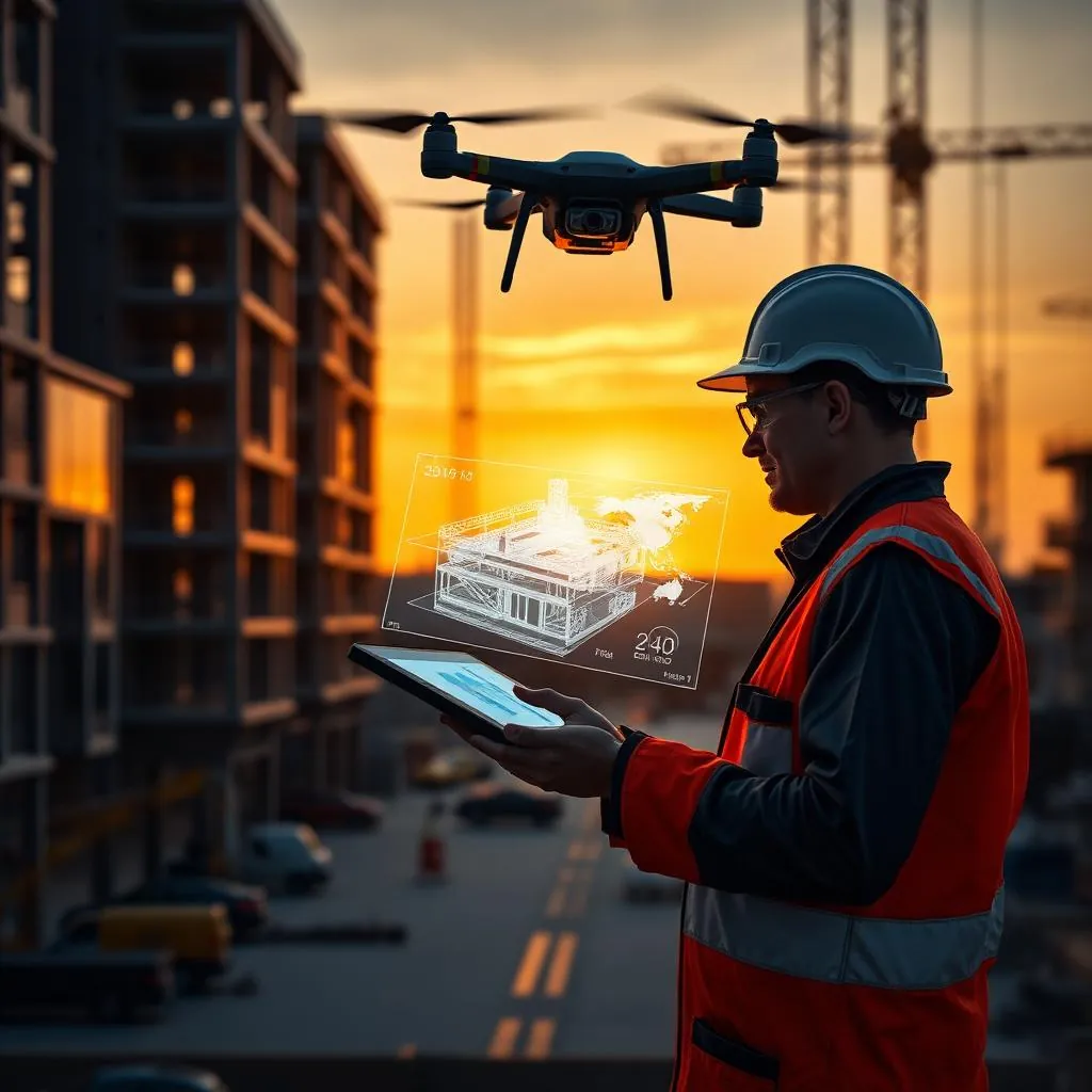 Construction worker in PPE using an AR tablet with a 3D BIM hologram while an autonomous drone flies overhead at a job site at golden hour