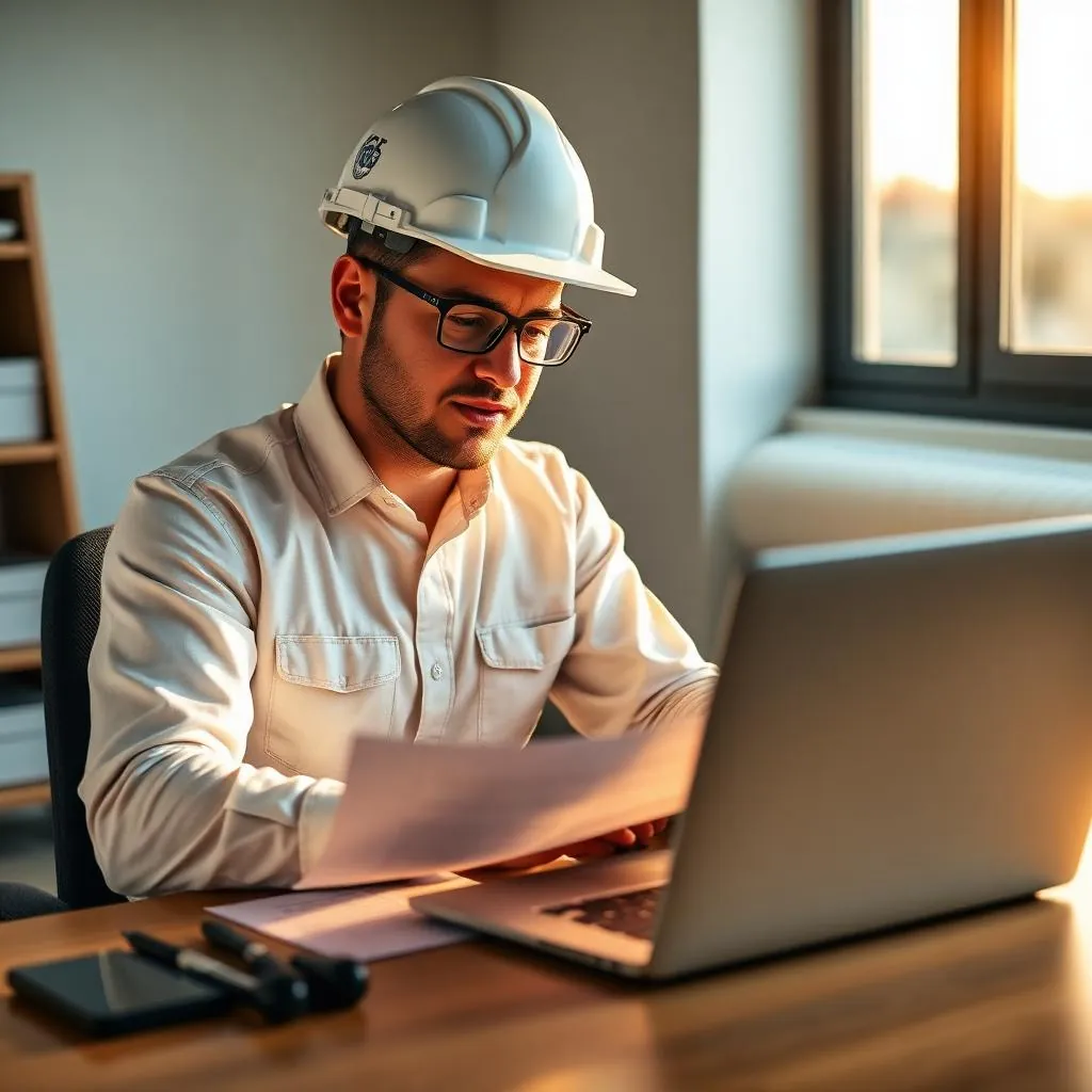 Construction worker in a hard hat reviewing a printed resume at a desk with a laptop showing a resume template